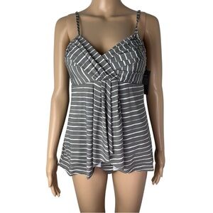 New Garnet Hill Grey White Striped Ruched Overlay One Piece Swimsuit
